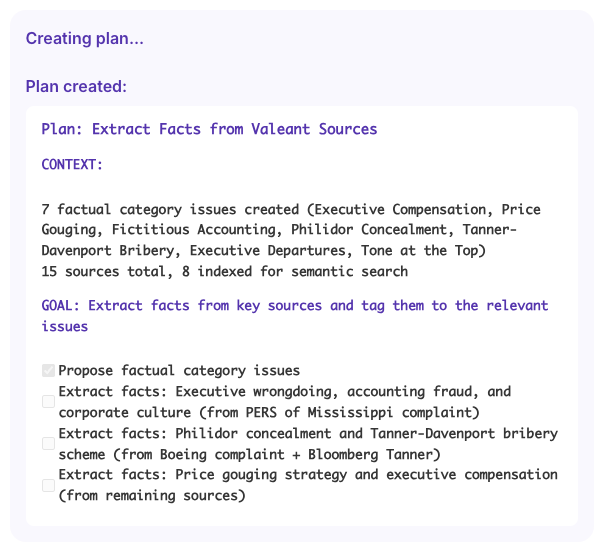 The Casefleet AI Assistant's Plan Created step — a visible markdown checklist with context, goal, and pending sub-steps for extracting facts from case sources